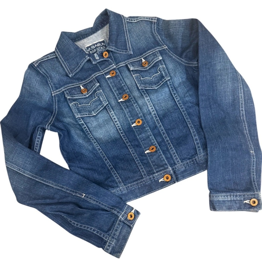 Big Star Denim Jacket Girls Size M‎ Blue Long Sleeve Button Up Distressed
